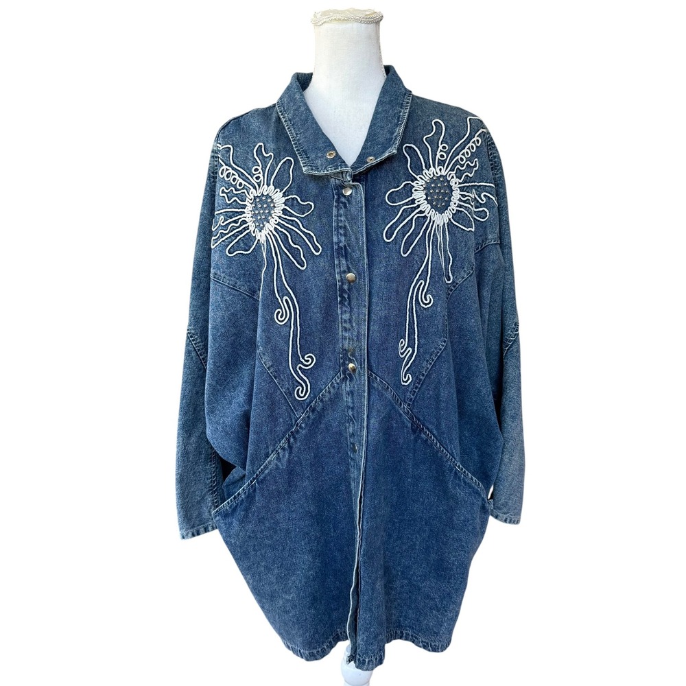 Vintage Pado California Denim Jacket L Batwing Embroidered Floral Studded Blue